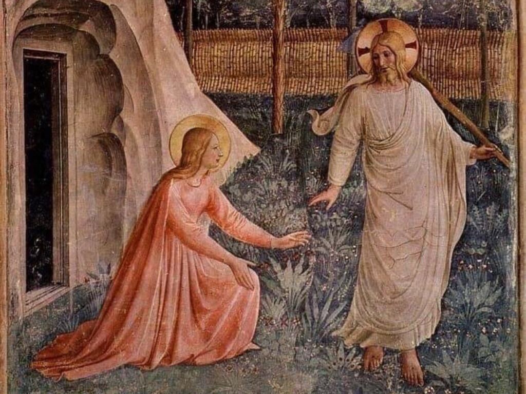 Malauksessa Jeesis seisoo tyhjän haudan edessä ja nainen on polvillaan Jeesuksen edessä